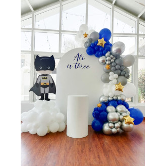 Baby Batman (1.8m semi arch backdrop 1x medium round plinth   text - Ali is Three (dark blue) Balloon garland with touches of star foil balloons)