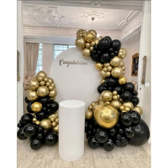 Black and Gold (1.8m Semi arch backdrop - white Personalization on backdrop Balloon garlands 1 x Medium circle table - White) Black and Gold (1.8m Semi arch backdrop - white Personalization on backdrop Balloon garlands 1 x Medium circle table - White)
