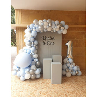 Elegant Grey First Birthday ( Grey backdrop,  Personalisation on backdrop,  3 grey plinths,  Balloon arch & Number foil balloon ) Elegant Grey First Birthday ( Grey backdrop,  Personalisation on backdrop,  3 grey plinths,  Balloon arch & Number foil balloon )