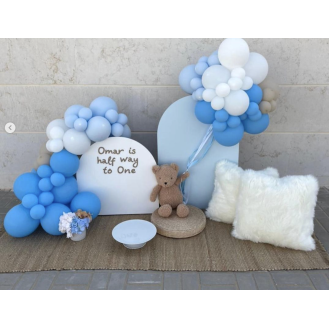 Half way to One with Teddy (Balloon garland 1 x mini Vase Imitation Florals 1 x Carpet and 1 available Teddy for rent 2 x Mini Backdrops (90cm H and 60cm H) Personalization on Backdrop 2 x Available pillows) Half way to One with Teddy (Balloon garland 1 x mini Vase Imitation Florals 1 x Carpet and 1 available Teddy for rent 2 x Mini Backdrops (90cm H and 60cm H) Personalization on Backdrop 2 x Available pillows)