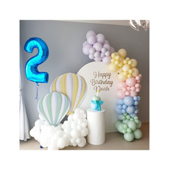 Hotair balloon birthday ( Backdrop - 1.8m, Personalisation on backdrop. Balloon garland,  Hot air balloon props x 2,  1 x plinth,  1 x foil number balloon )