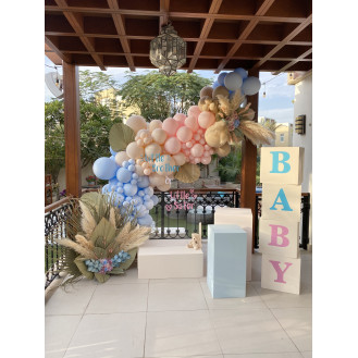 Pampas Gendel Reveal (Ballooon garland 2 x floral arrangements - (one small in corner & one medium on floor - rental only) Personalization 2 cake stands & 1 acrylic stand Baby blocks) Pampas Gendel Reveal (Ballooon garland 2 x floral arrangements - (one small in corner & one medium on floor - rental only) Personalization 2 cake stands & 1 acrylic stand Baby blocks)