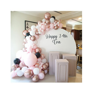 Paris Pink ( Round Backdrop 2m diameter, Personalisation on backdrop and plinth, 3 x plinths, Balloon arch ) Paris Pink ( Round Backdrop 2m diameter, Personalisation on backdrop and plinth, 3 x plinths, Balloon arch )