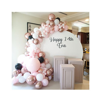 Paris Pink ( Round Backdrop 2m diameter, Personalisation on backdrop and plinth, 3 x plinths, Balloon arch ) Paris Pink ( Round Backdrop 2m diameter, Personalisation on backdrop and plinth, 3 x plinths, Balloon arch )