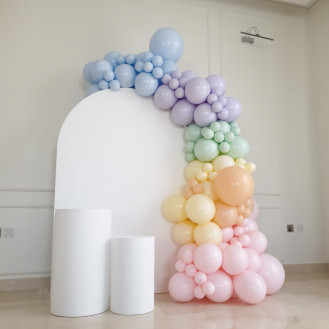 Pastel Rainbows (1.8 semi moon back drop  (White) 2 cake stands Personalization (name) Small Balloon arch)