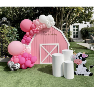 Pink barn house (Barn House backdrop 2m high- pink and white Personalization on backdrop Balloon garland 3 x white circle tables 1 x cow foam board (1m height)) Pink barn house (Barn House backdrop 2m high- pink and white Personalization on backdrop Balloon garland 3 x white circle tables 1 x cow foam board (1m height))