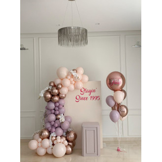 Pink Slay (Semi moon backdrop with personalization, Balloon garland, One cake stand, Balloon bouquet) 
